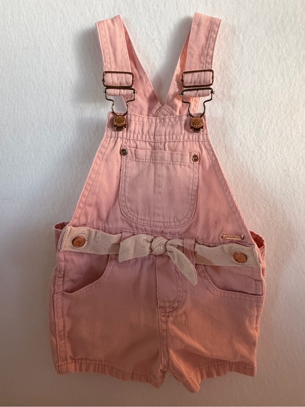 Tahari Pink Short Denim Overalls with Bow Belt Size 2T